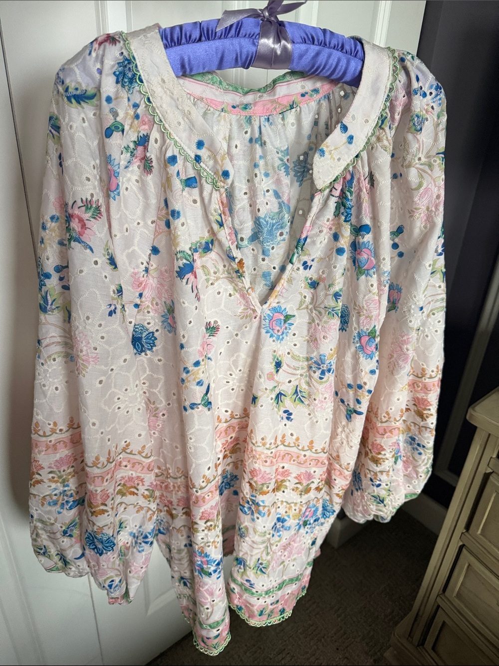 Women's Multicoloured Floral Eyelet with Embellishment Peasant Top